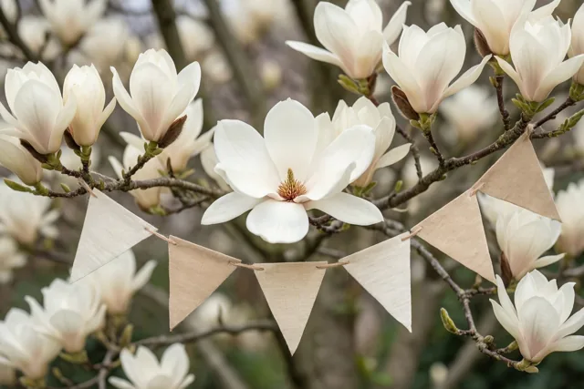 Verjaardagsvlaggetjes tussen de magnoliabloemen