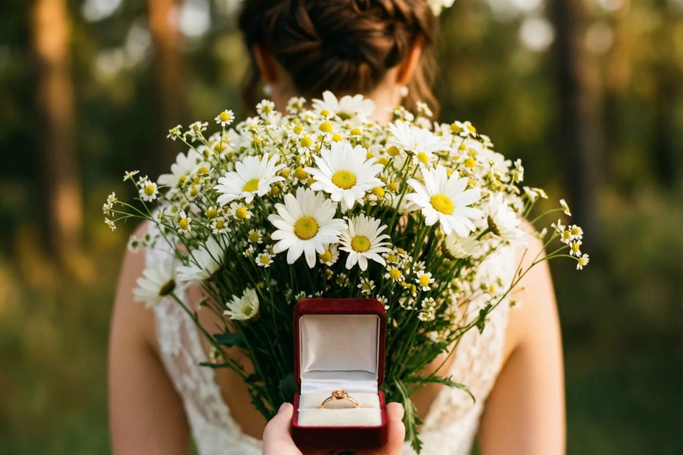 Een persoon is van achteren te zien met een groot boeket witte margrieten en een klein open rood ringdoosje bij de rug, buiten in een zonnige, onscherpe natuurlijke omgeving.