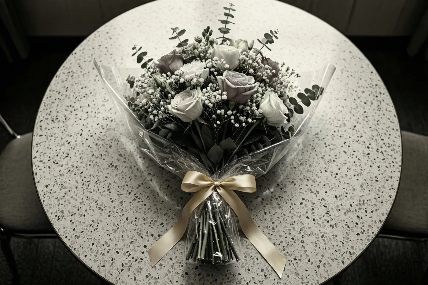 Een boeket witte en mauve rozen met gipskruid en eucalyptus, verpakt in doorzichtig cellofaan met een crèmekleurig lint, staat op een gespikkelde formicatafel in gedempte tinten.