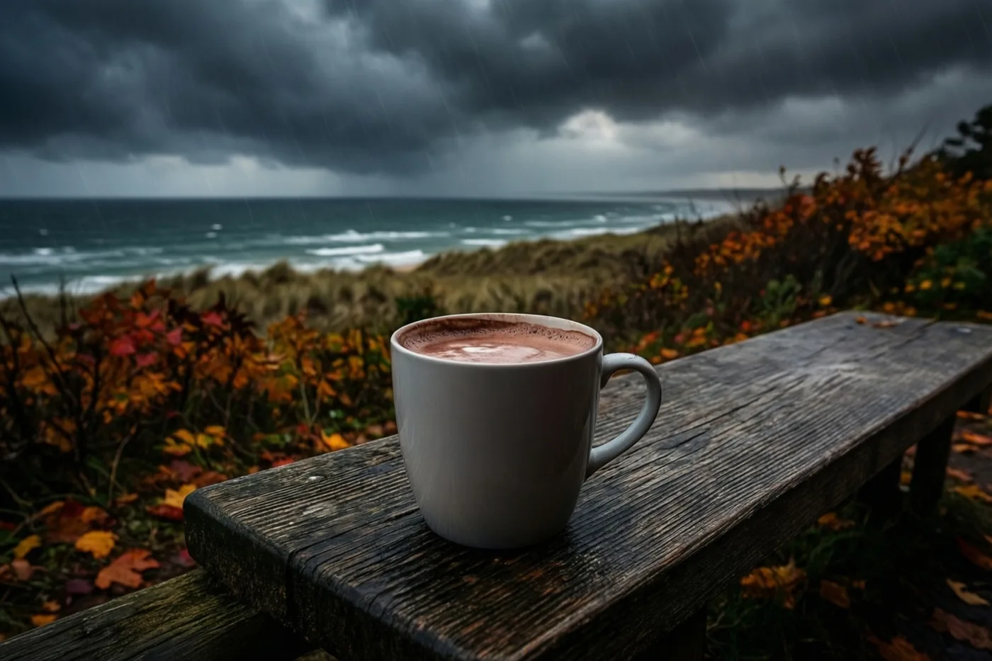 Een witte mok warme chocolademelk staat op een verweerde houten bank bij een stormachtige zee, met kleurrijk herfstgebladerte onder een donkere regenhemel.