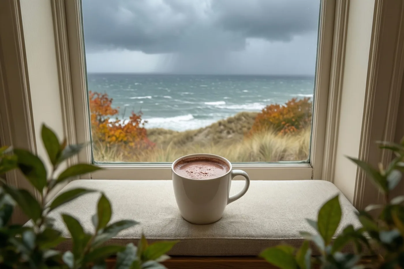Een witte mok warme chocolademelk staat op een bank met kussens bij een raam, met kamerplanten rondom en uitzicht op een stormachtige zee en duinen met herfstbladeren.