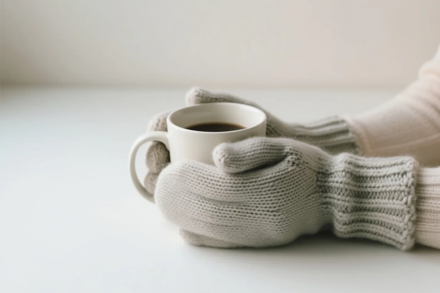 Twee handen in lichtgrijze gebreide handschoenen zonder vingers houden een witte mok met een donkere drank vast tegen een witte achtergrond in zacht licht.