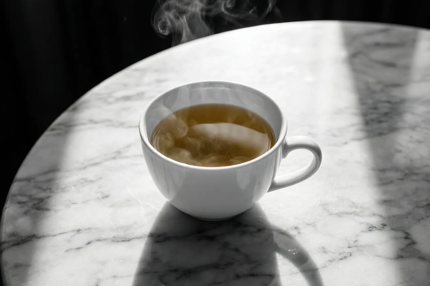 Een witte keramieken mok met dampende, bruin getinte thee staat op een marmeren tafel in ochtendlicht, in een verder monochroom beeld.
