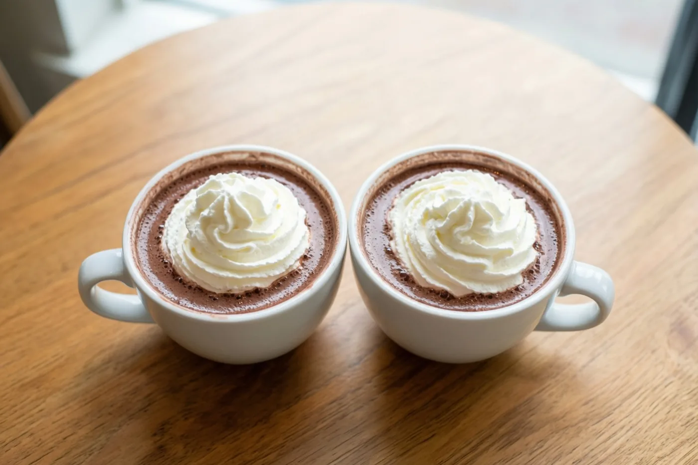 Twee witte mokken warme chocolademelk met slagroom staan naast elkaar op een lichtbruine houten tafel in zacht daglicht.