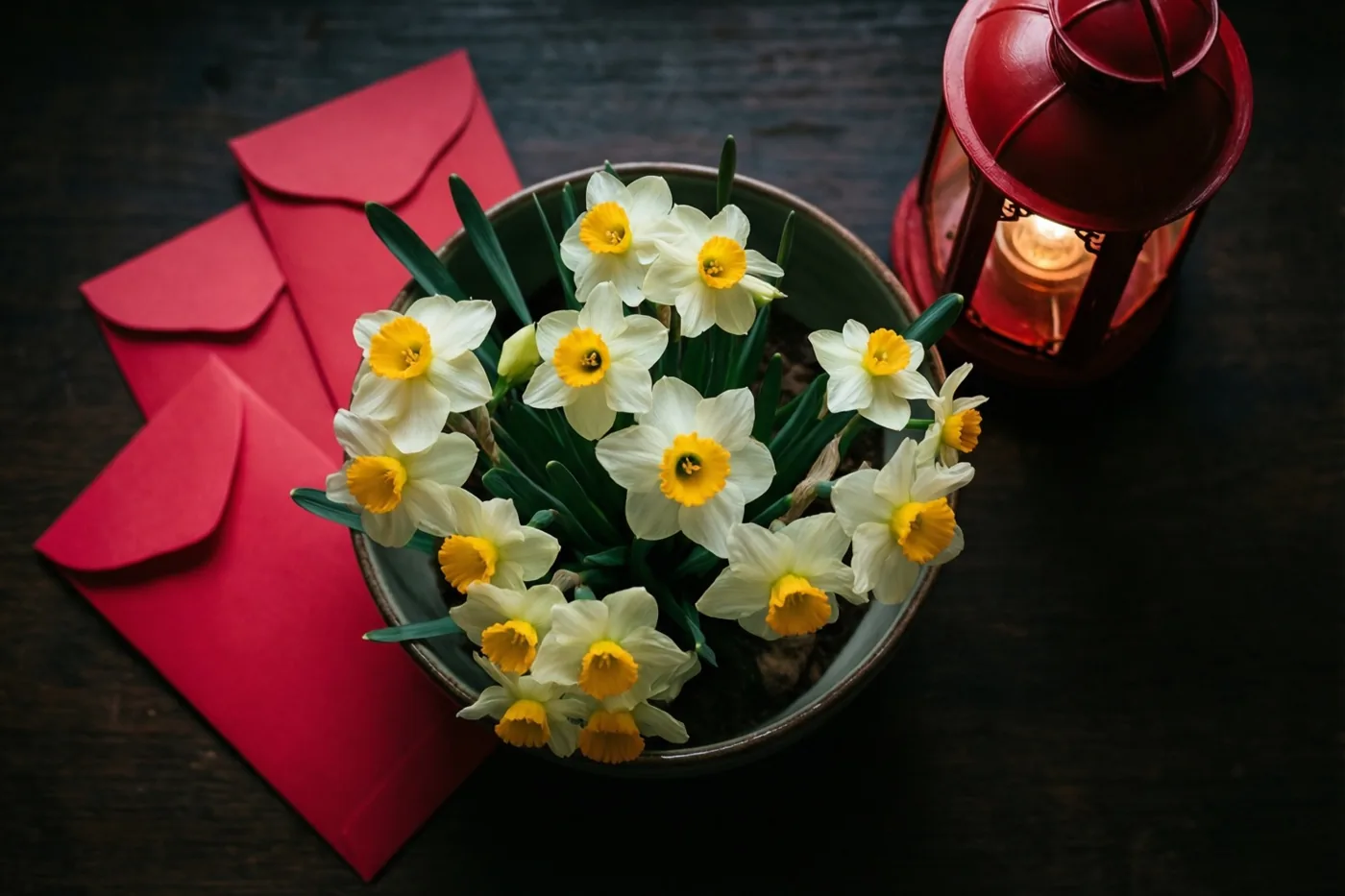 Een schaal bloeiende witte narcissen met gele hartjes staat op een donker houten oppervlak naast rode enveloppen en een brandende rode lantaarn.