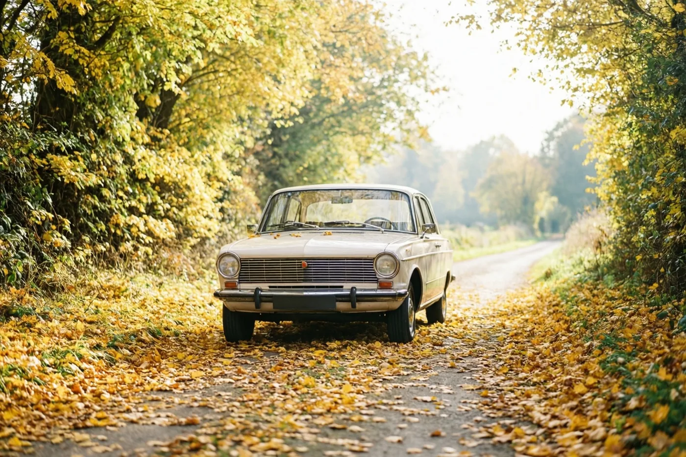 Een witte oldtimer staat op een smal landweggetje, met goudgele herfstbladeren op de weg en aan de bomen in zacht zonlicht.