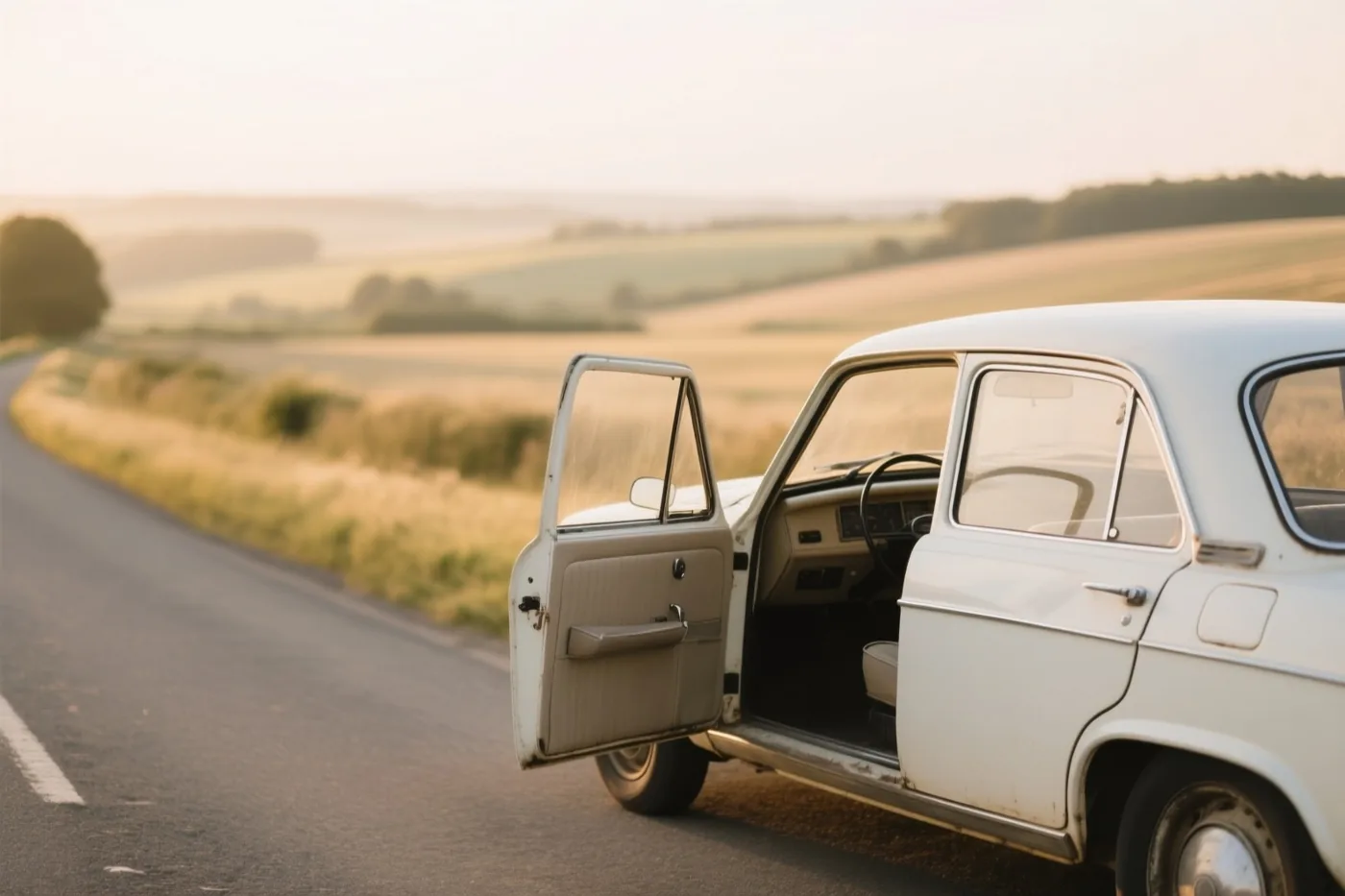 Een witte oldtimer met een open deur staat op een landweg, met goudkleurige velden op de achtergrond in zacht licht.