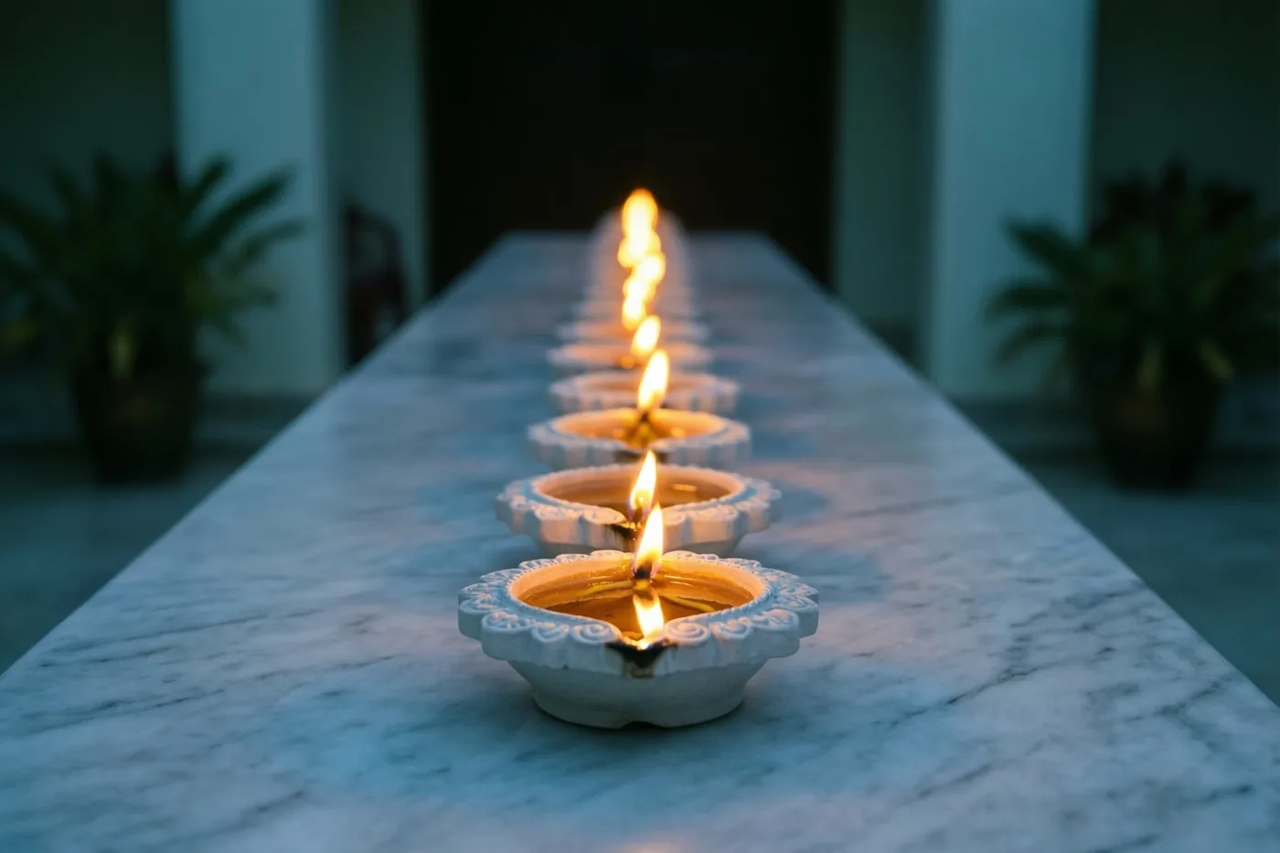 Een rij brandende witte keramieken olielampjes staat op een lange lichtgekleurde marmeren wandtafel in een schemerige binnenruimte met zachte blauwe en groene tinten.