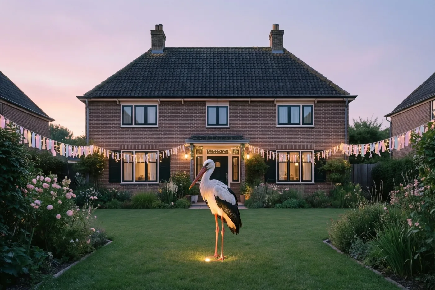 Een witte ooievaar staat bij valavond in warm licht op een groen gazon voor een bakstenen huis, met pastelkleurige slingers over de tuin.