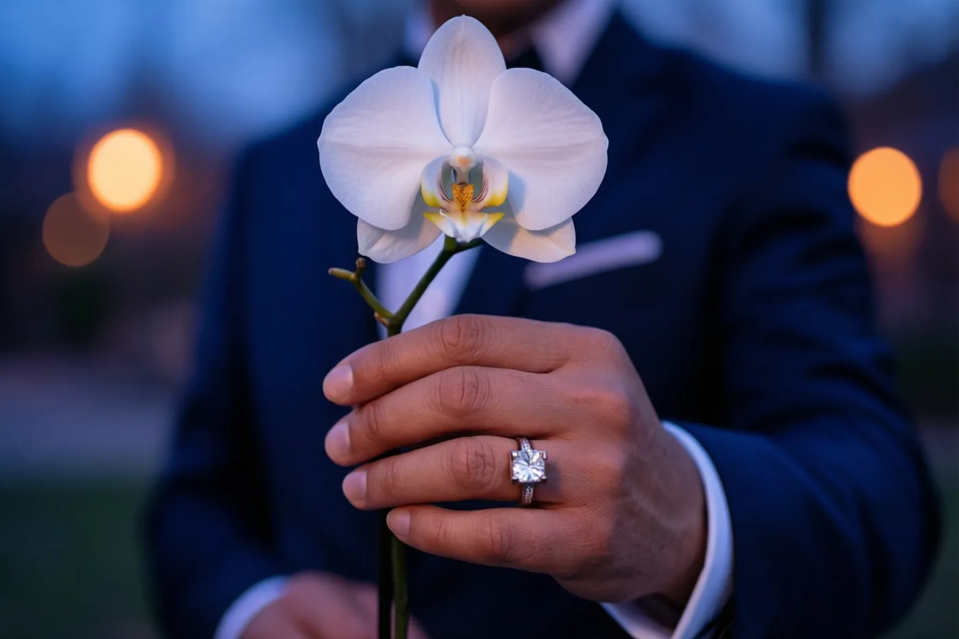 Een hand met een verlovingsring houdt een witte orchideetak vast, met een mannenpak en een onscherpe avondachtergrond in koele blauwtinten en warme lichtvlekken.