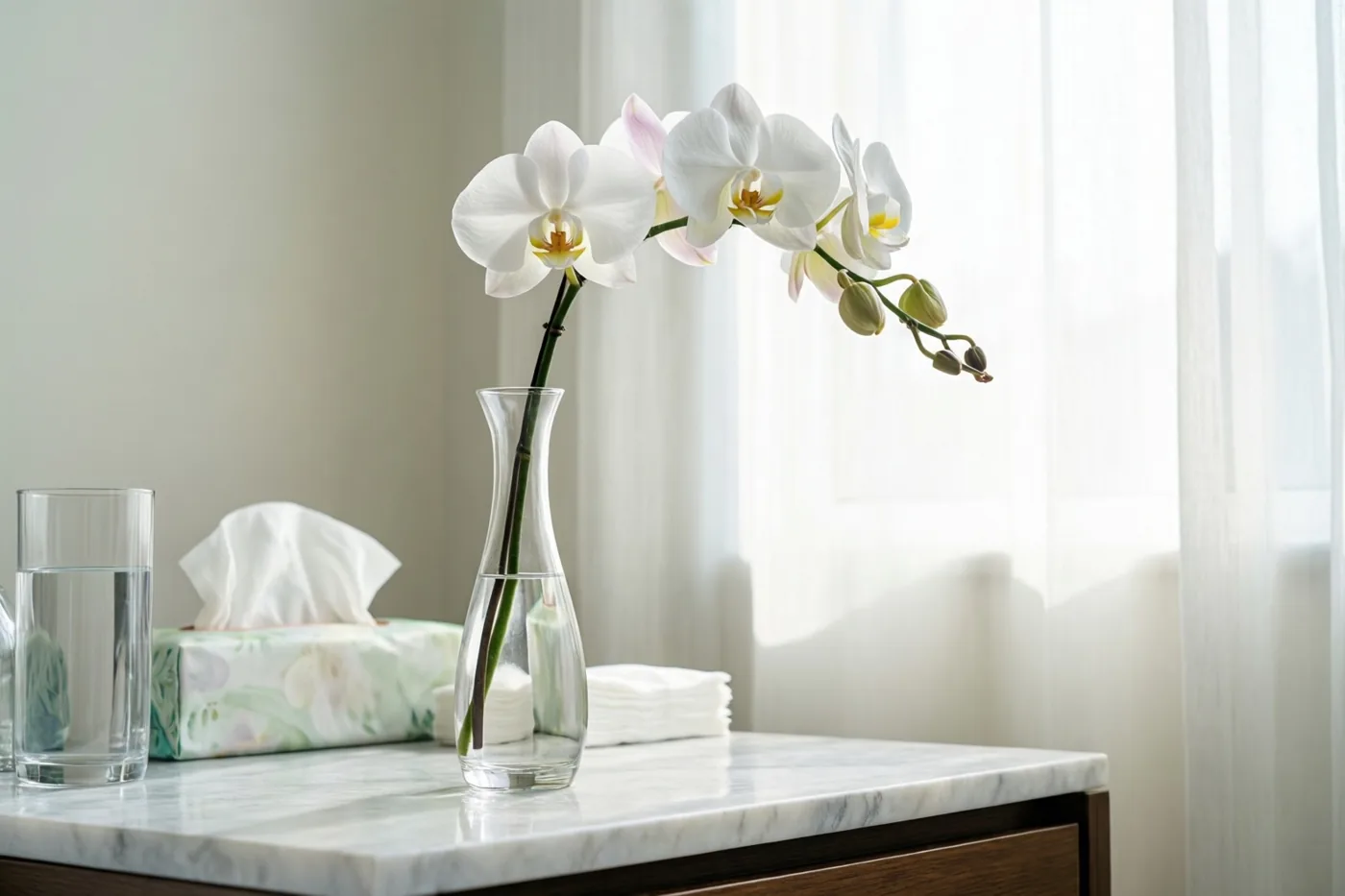 Een witte orchideetak in een smalle glazen vaas staat met een glas water en een doos papieren zakdoekjes op een marmeren nachtkastje, in daglicht van een raam met doorschijnende gordijnen.