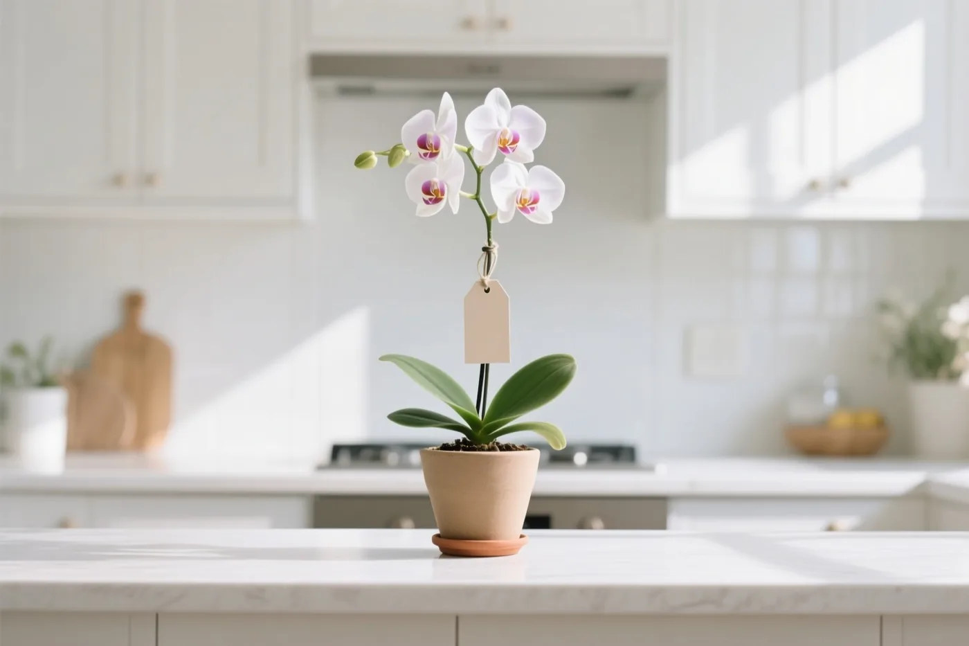 Een witte orchidee in een pot met een blanco papieren kaartje staat op een helderwit keukenwerkblad in natuurlijk zonlicht.