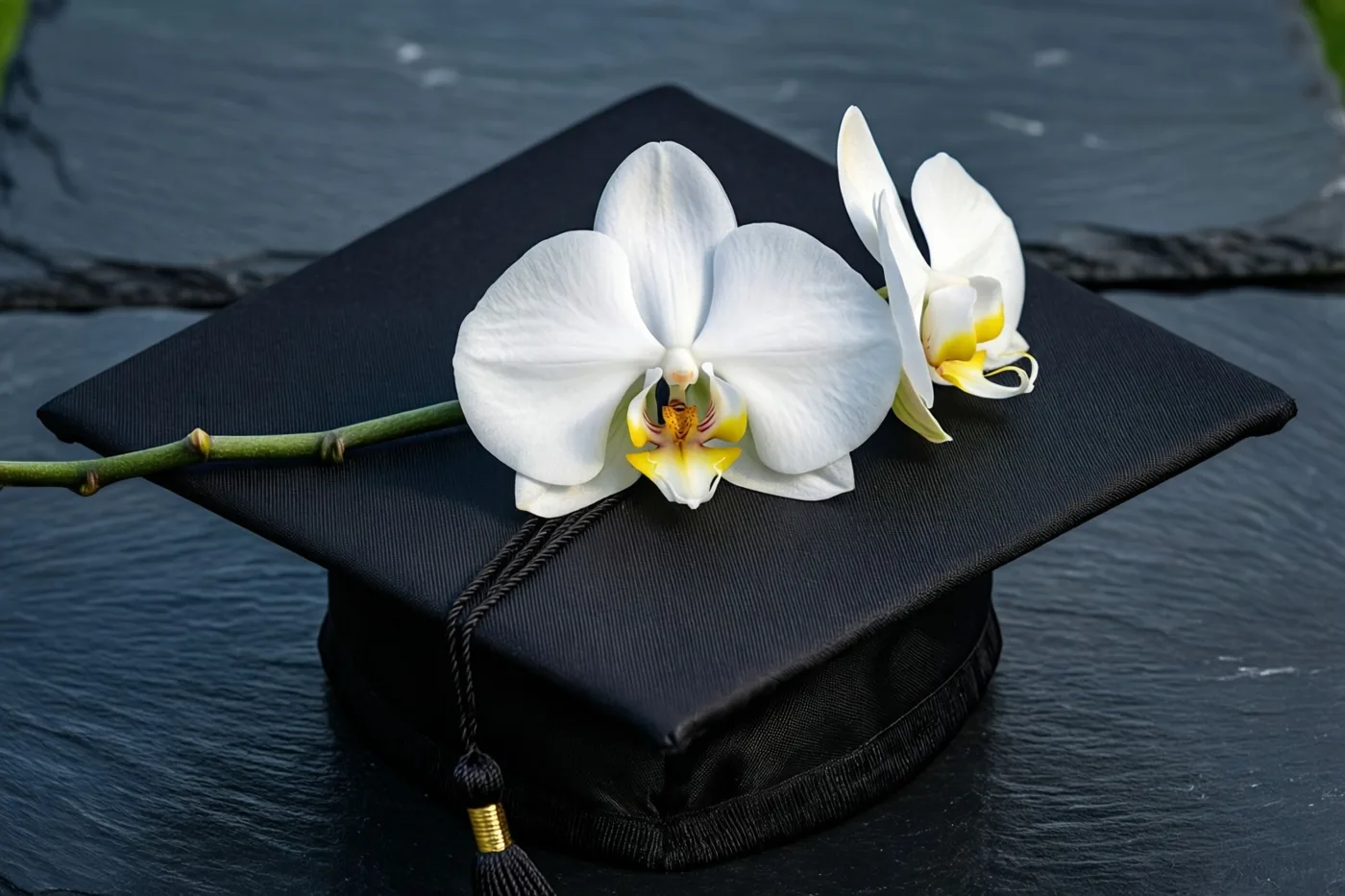 Een witte orchidee met een groene stengel ligt over een zwarte afstudeerhoed op een donkere leistenen ondergrond.