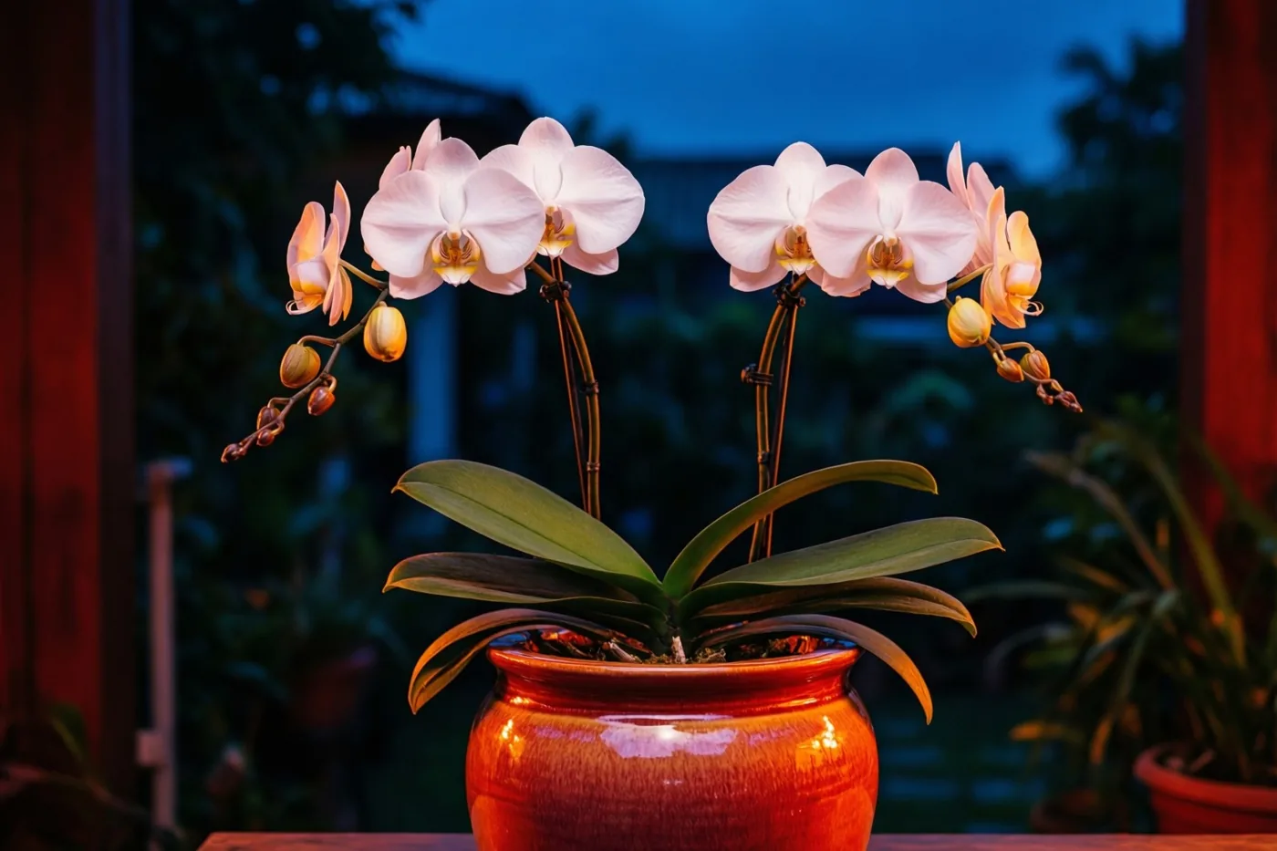 Twee bloeiende witte orchideeën met gele hartjes staan in één oranje keramieken pot tegen een donkerblauwe schemerachtergrond met onscherp groen.