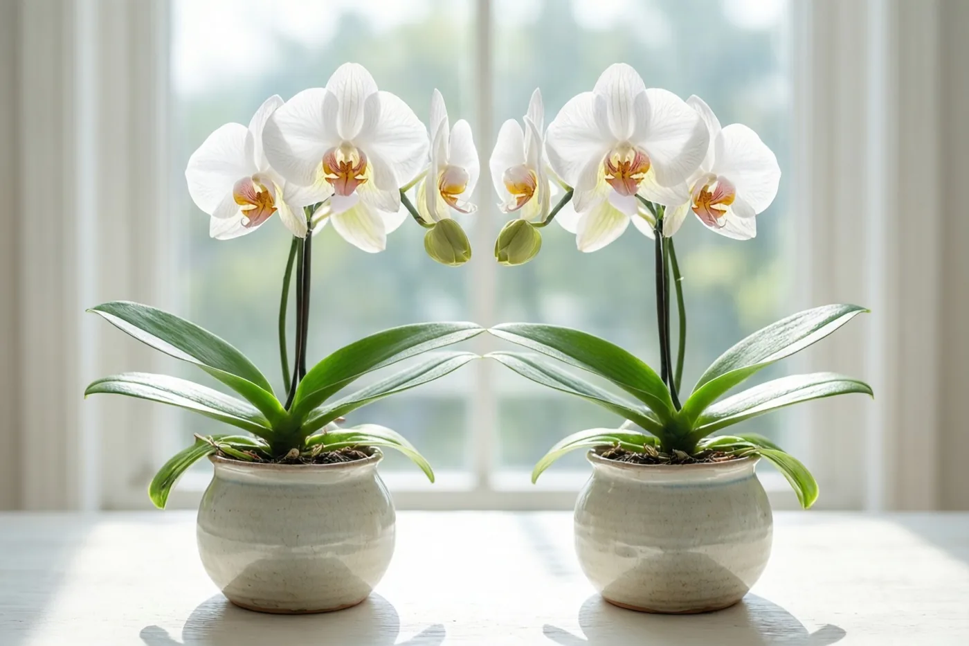 Twee identieke witte orchideeën in potten staan naast elkaar op een wit oppervlak, met groene bladeren en zacht daglicht uit een raam achter hen.