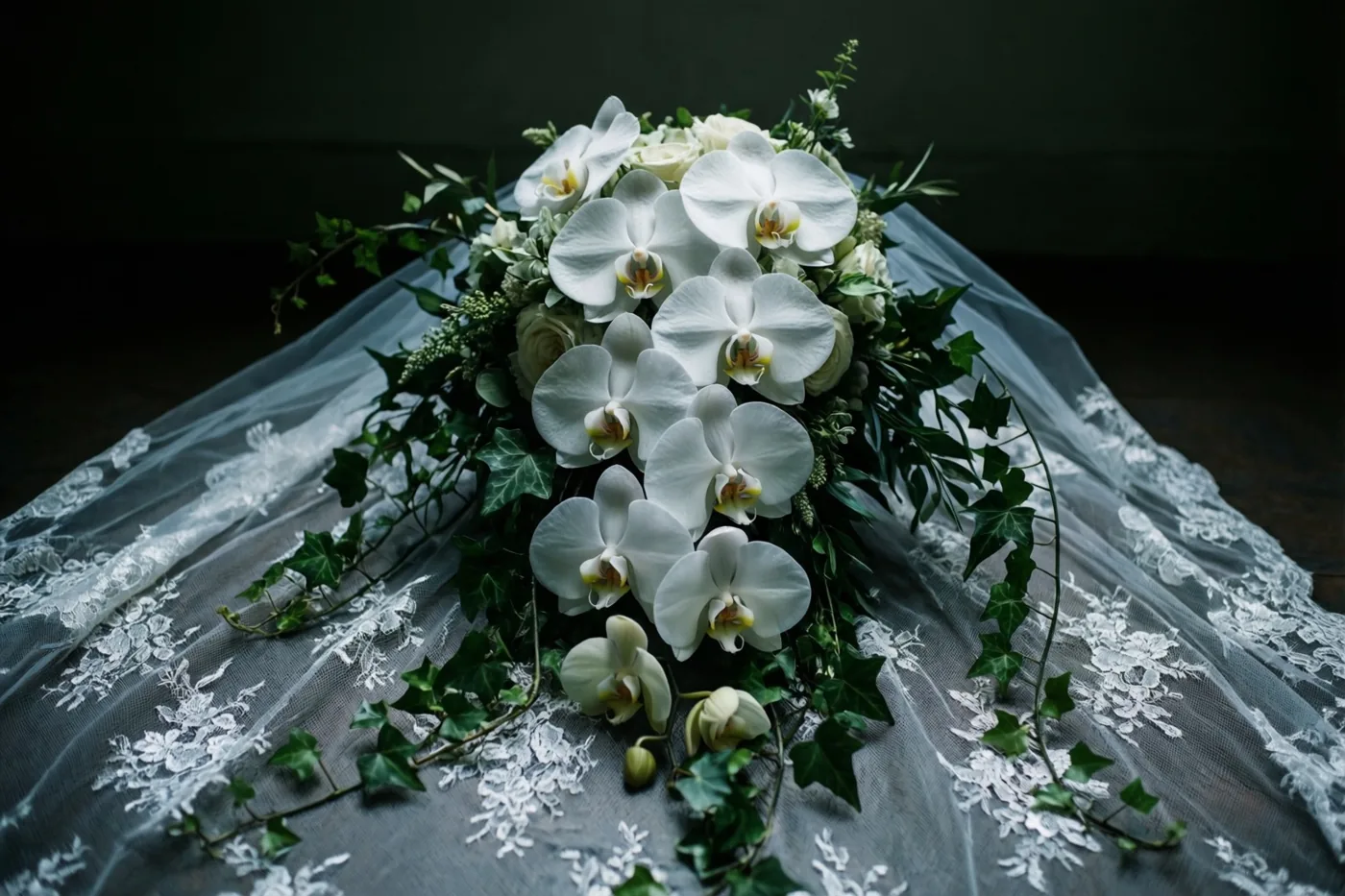 Een afhangend bruidsboeket van witte orchideeën en klimop ligt op een kanten sluier tegen een donkere achtergrond.