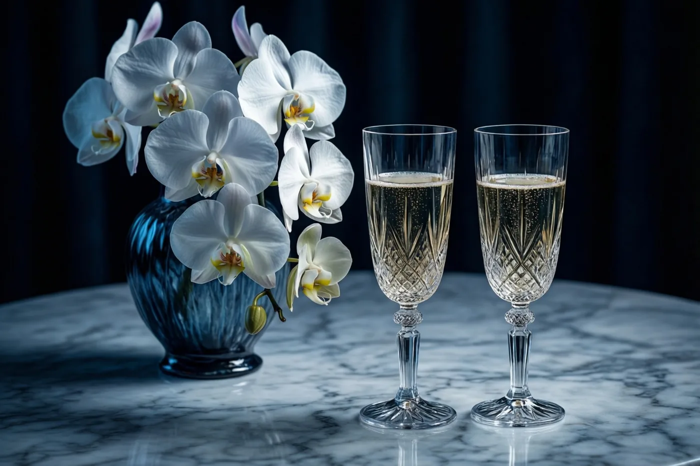 Een vaas witte orchideeën met gele harten staat naast twee kristallen fluiten met bruisende champagne op een witte marmeren tafel tegen een donkerblauwe achtergrond.