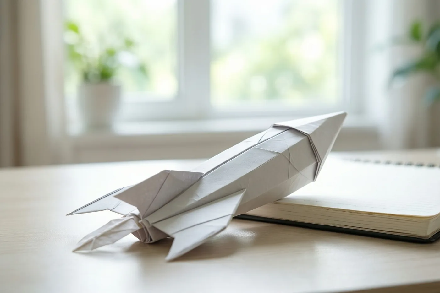 Een witte origamiraket staat op een houten bureau naast een open notitieboek in zacht daglicht van een raam.