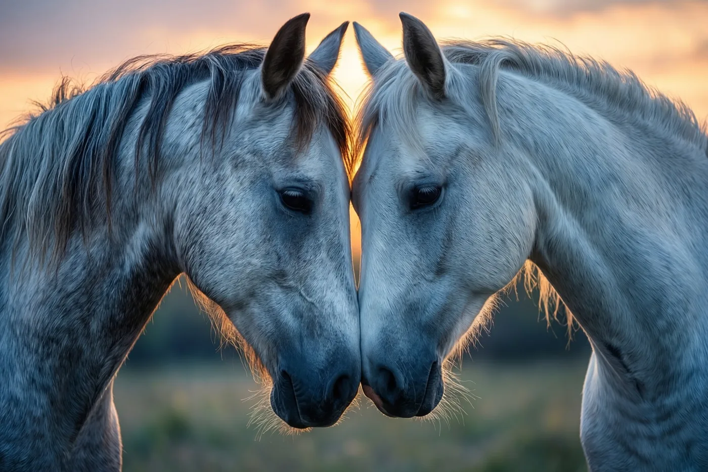 Twee witte paarden raken elkaars voorhoofd en vormen met hun halzen een hart tegen een oranje en zachtblauwe avondlucht.
