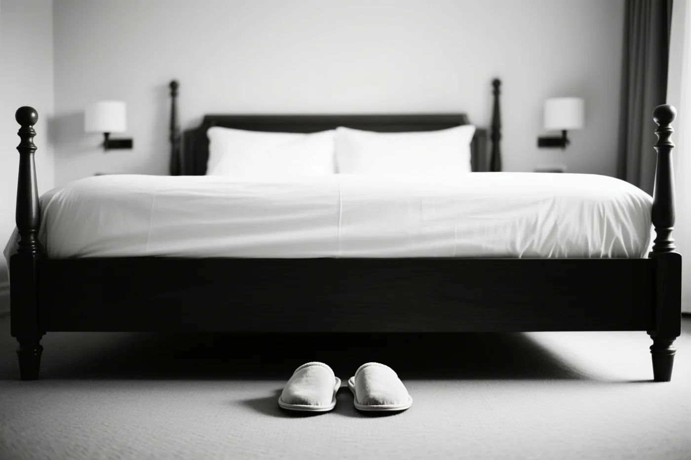 Witte pantoffels staan op tapijt voor een donker houten bed met wit beddengoed, in een sobere slaapkamer in zwart-wit met wandlampen en een raam met gordijnen.