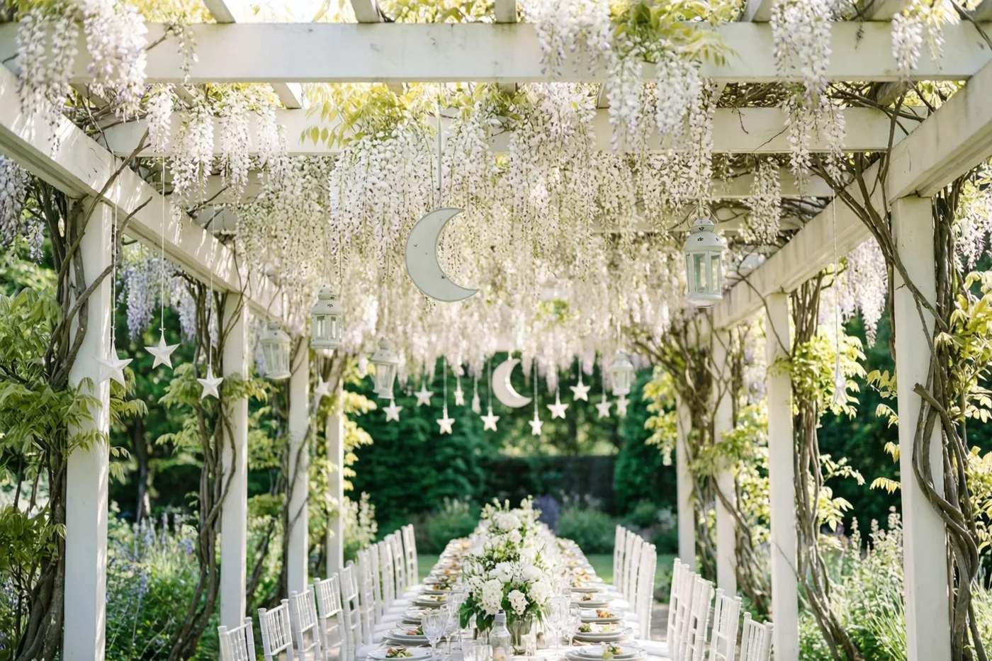 Onder een witte pergola met afhangende witte blauweregen staat een lange feesttafel, versierd met witte lantaarns in de vorm van sterren en maansikkels.
