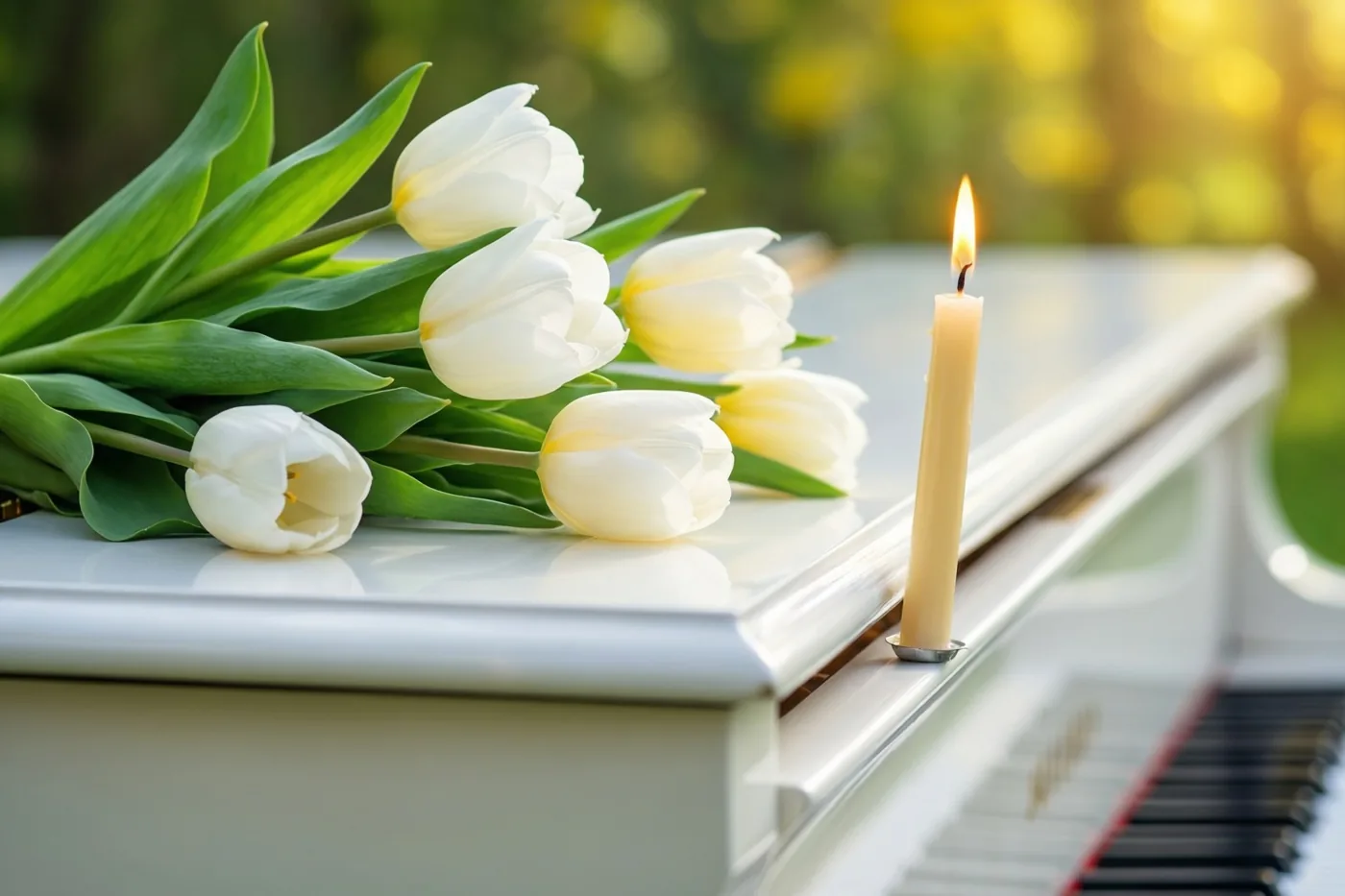 Een witte vleugelpiano staat buiten met witte tulpen en een brandende communiekaars op het deksel, tegen een wazige groen-gele achtergrond.