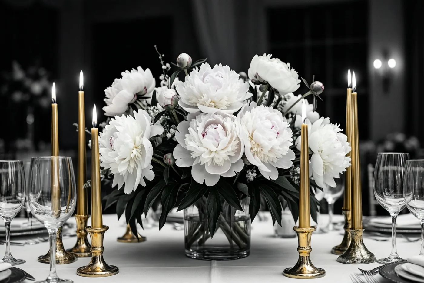 Een trouwtafel met een wit tafelkleed, glazen en zilveren borden is versierd met witte pioenen in een glazen vaas en hoge brandende gouden kaarsen.