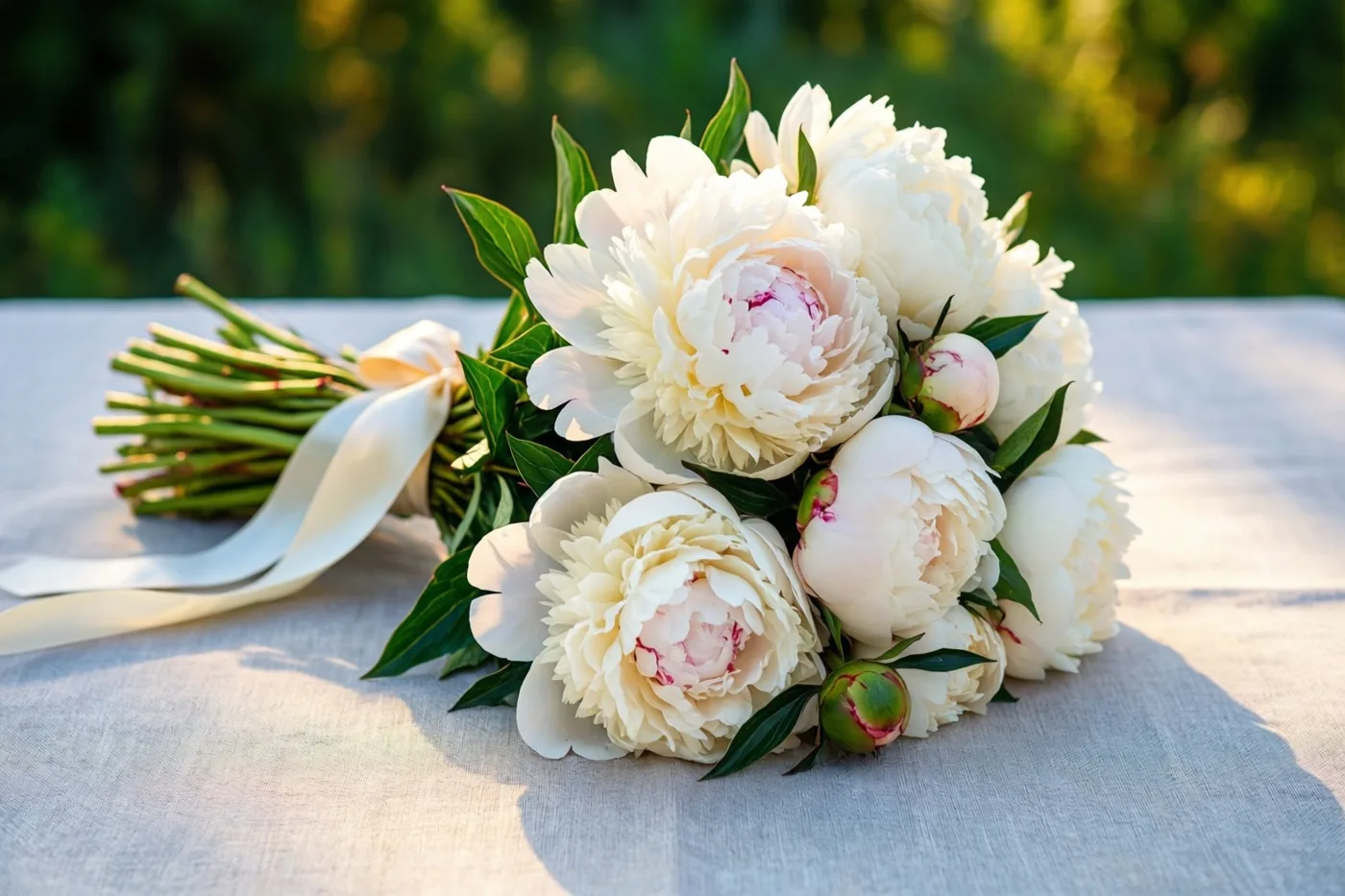 Een boeket witte pioenen met enkele roze hartjes en groene knoppen, samengebonden met een breed wit lint, ligt op een lichtgrijs linnen tafelkleed tegen wazig groen in warm natuurlijk licht.