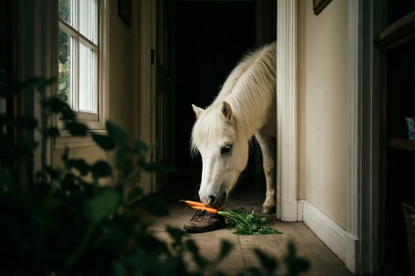 Een witte pony steekt zijn hoofd door een deuropening in een gang en reikt naar een wortel in een bruine schoen op de houten vloer, bij daglicht uit een raam.