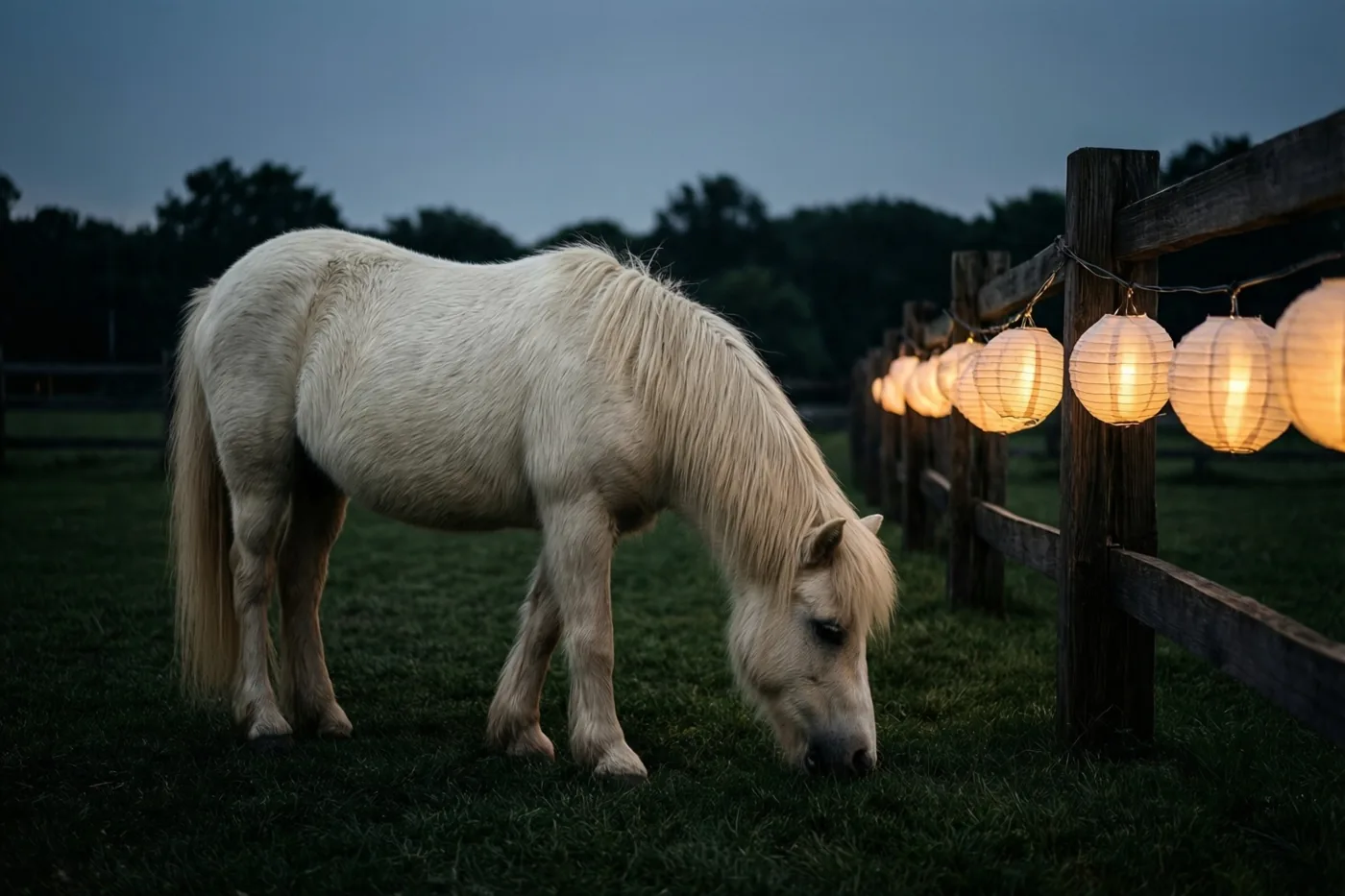 Een witte pony graast op groen gras naast een houten hek met een snoer brandende papieren lampionnen onder een blauwe avondhemel.