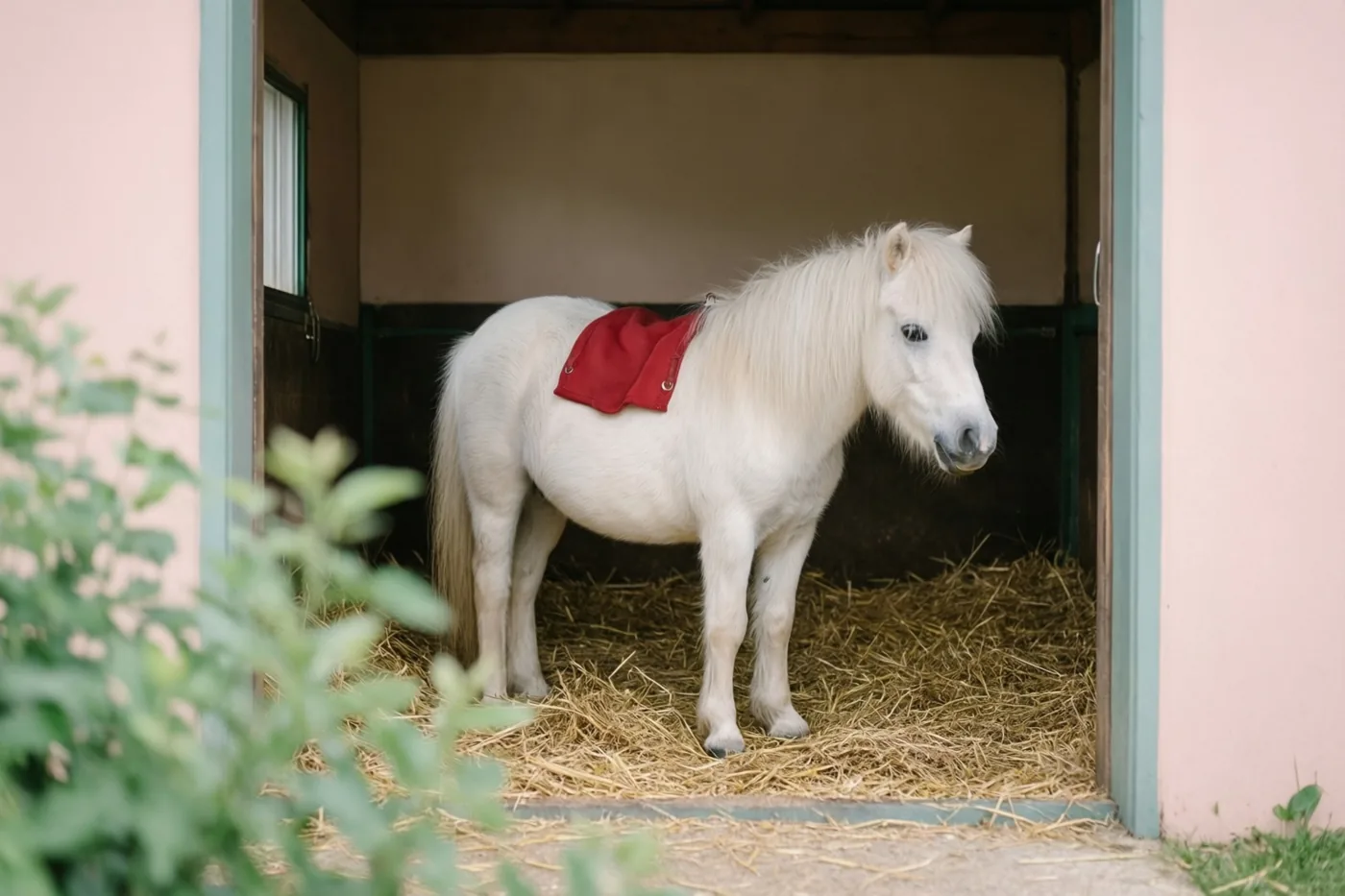 Een witte pony met een rood zadeldek staat in een staldeuropening met stro, omlijst door roze muren en groen op de voorgrond.