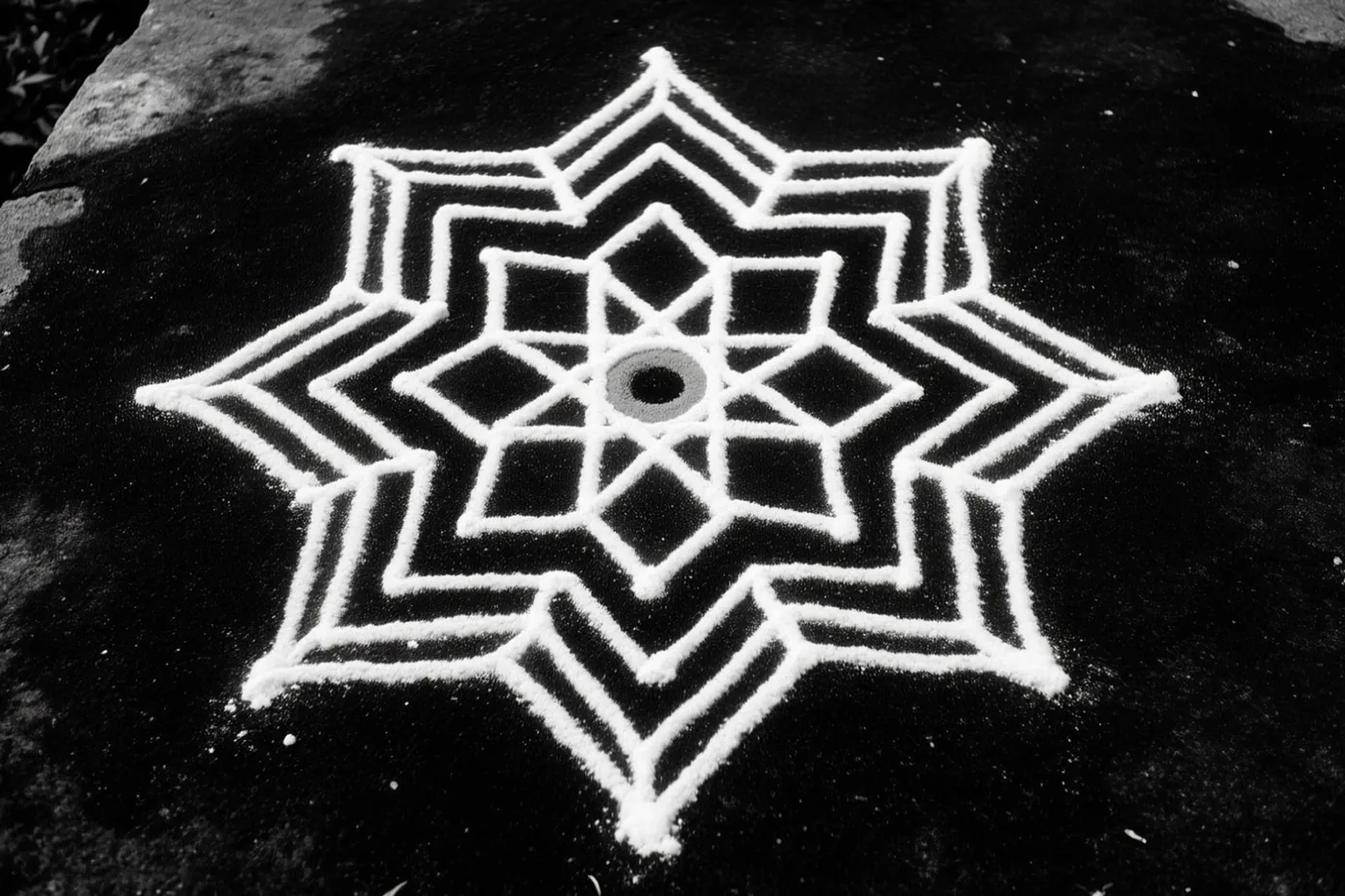Een zwart-witfoto van bovenaf toont een symmetrisch geometrisch rangolipatroon van wit poeder op een donker stenen oppervlak met structuur.