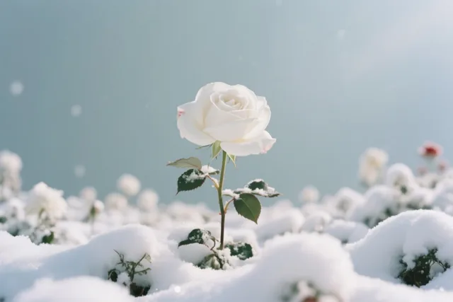 Een roos trotseert de sneeuw