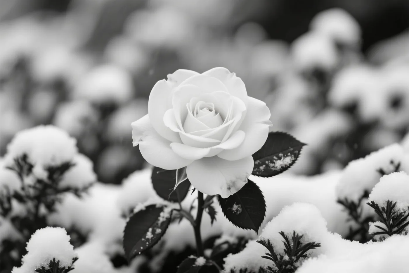 Een witte roos bloeit tussen besneeuwde bladeren in een tuin op een zwart-witfoto.
