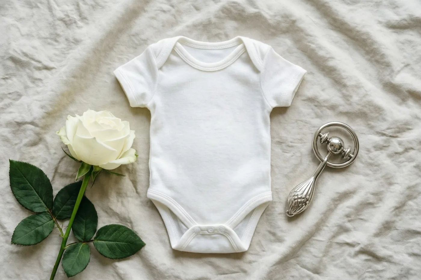 Op gekreukt beige linnen liggen een wit babyrompertje, een witte roos met groene bladeren en een zilveren rammelaar, zacht belicht.