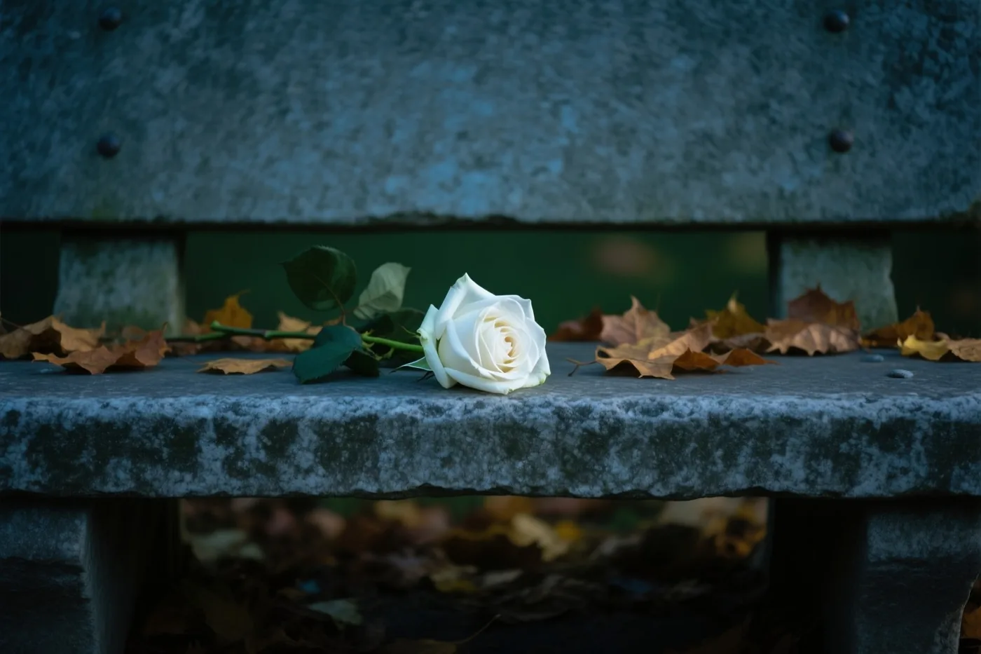 Een witte roos met groene bladeren ligt op een verweerde stenen bank tussen bruine en gele herfstbladeren tegen een gedempte groene achtergrond.