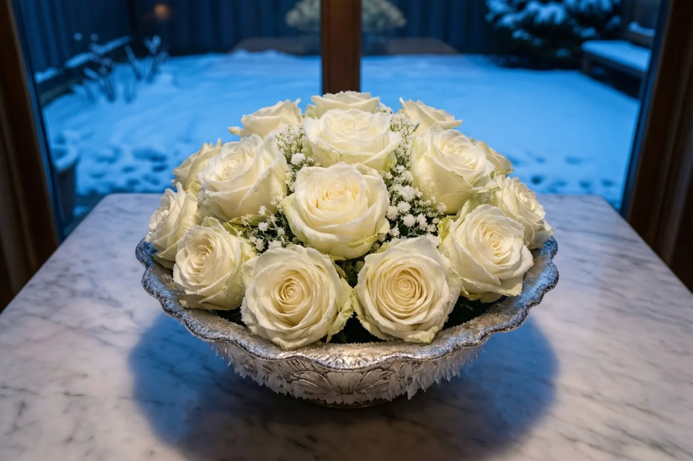 Een laag bloemstuk van witte rozen staat in een matzilveren schaal op een bleke marmeren tafel, voor een raam met een besneeuwd uitzicht in blauwe tinten.