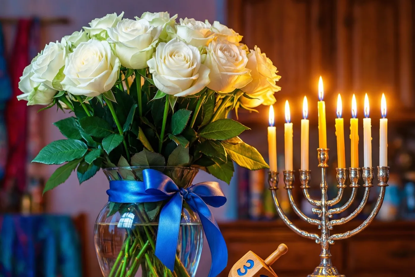 Een vaas met witte rozen en een blauw lint staat naast een brandende kandelaar en een dreidel op een houten oppervlak, met groene bladeren in gouden kaarslicht.