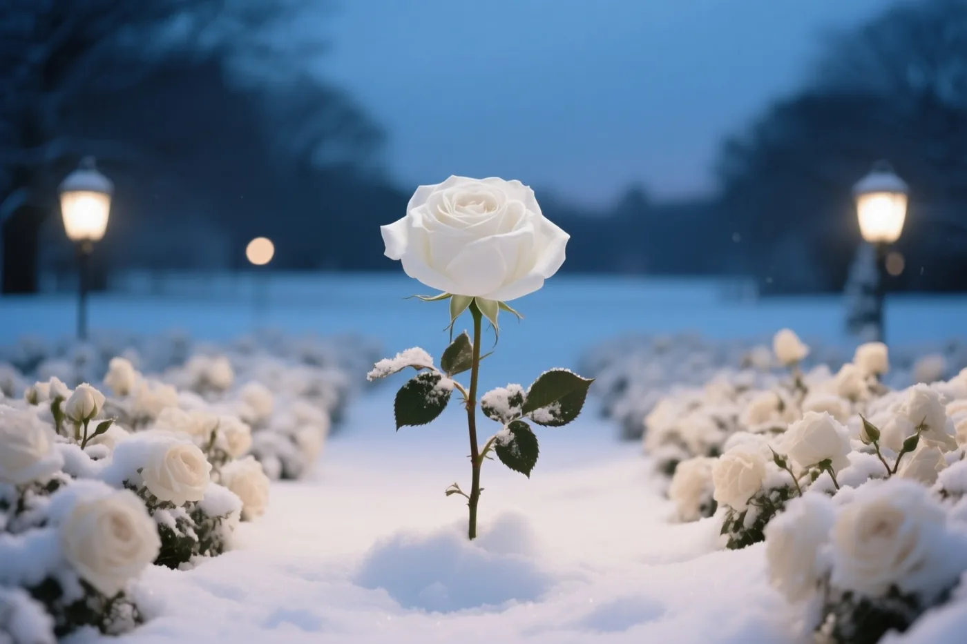 Een witte roos staat rechtop tussen andere besneeuwde witte rozen, met brandende straatlampen op de achtergrond in de schemering.
