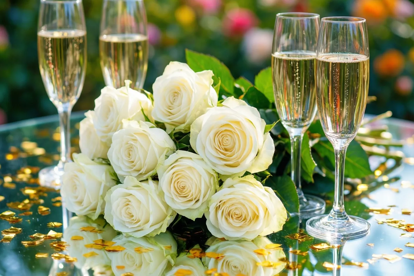 Een boeket witte rozen en vier champagneglazen staan buiten op een spiegelende tafel met verspreide gouden confetti, voor een onscherpe achtergrond met bloemen.