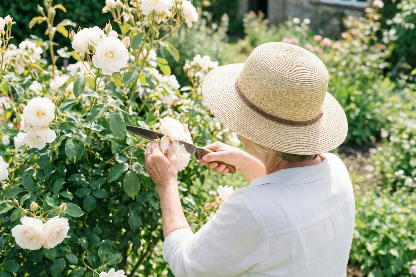 Een oudere vrouw met een strohoed knipt witte rozen in een groene, landelijke tuin, van achteren gezien in zacht daglicht.