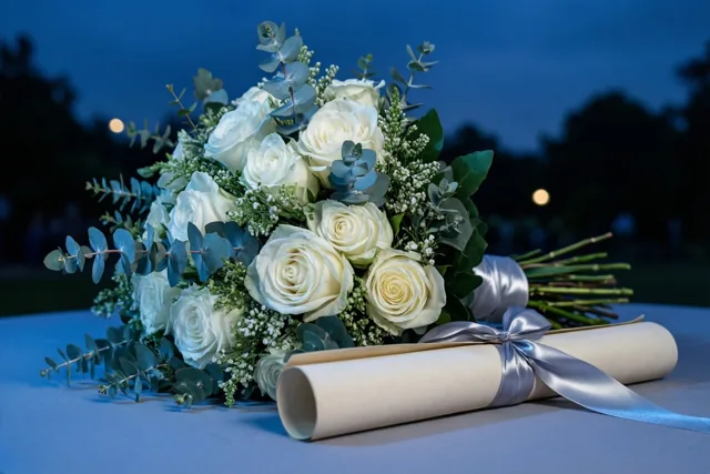 Een boeket witte rozen en eucalyptus ligt rond een opgerold diploma met een satijnen lint op een tafel, tegen een schemerblauwe achtergrond met wazige lichtjes.