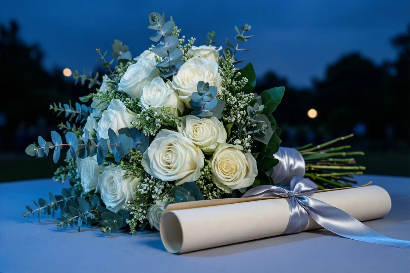 Een boeket witte rozen en eucalyptus ligt rond een opgerold diploma met een satijnen lint op een tafel, tegen een schemerblauwe achtergrond met wazige lichtjes.