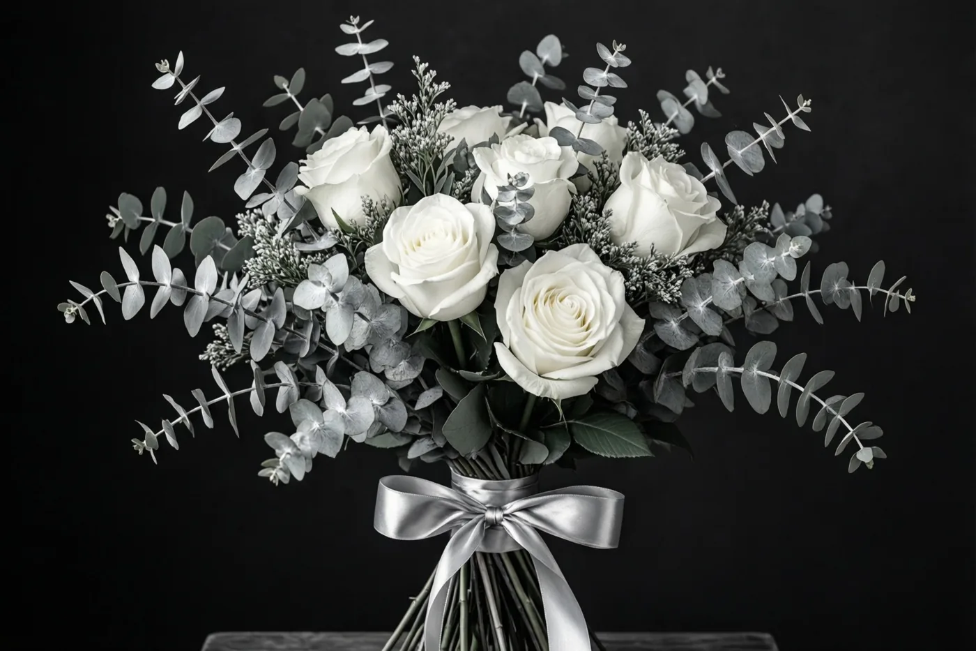 Een boeket witte rozen en zilvergrijze eucalyptus is samengebonden met een zilveren lint tegen een zwarte achtergrond.