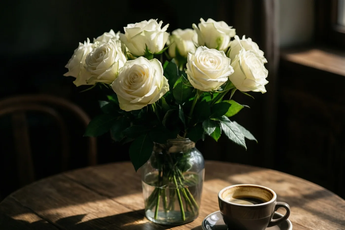 Een boeket witte rozen in een glazen vaas staat naast een koffiekop op een houten tafel in het zonlicht, met een donkere achtergrond.