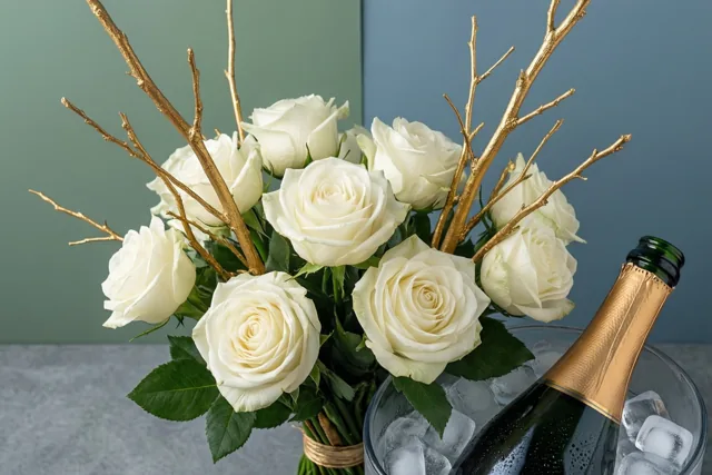 Een boeket witte rozen met goudgeverfde takjes staat naast een champagnefles in een glazen schaal met ijs, tegen een gedempte groenblauwe achtergrond.