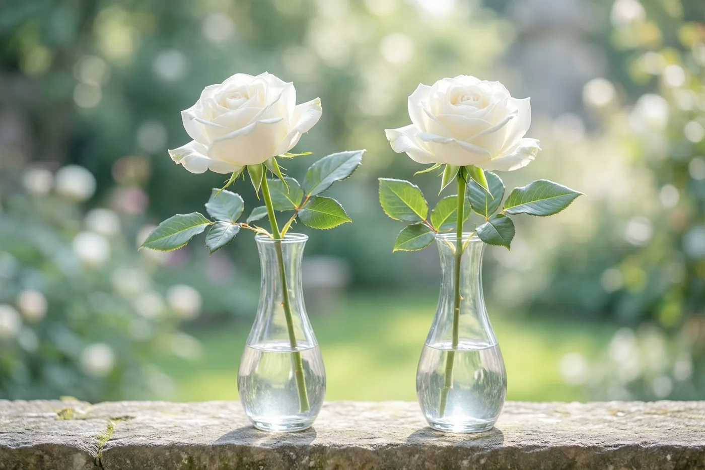 Twee witte rozen staan elk in een smalle glazen vaas op een verweerde stenen plank, met een onscherpe groene tuin en zachte lichtvlekken op de achtergrond.