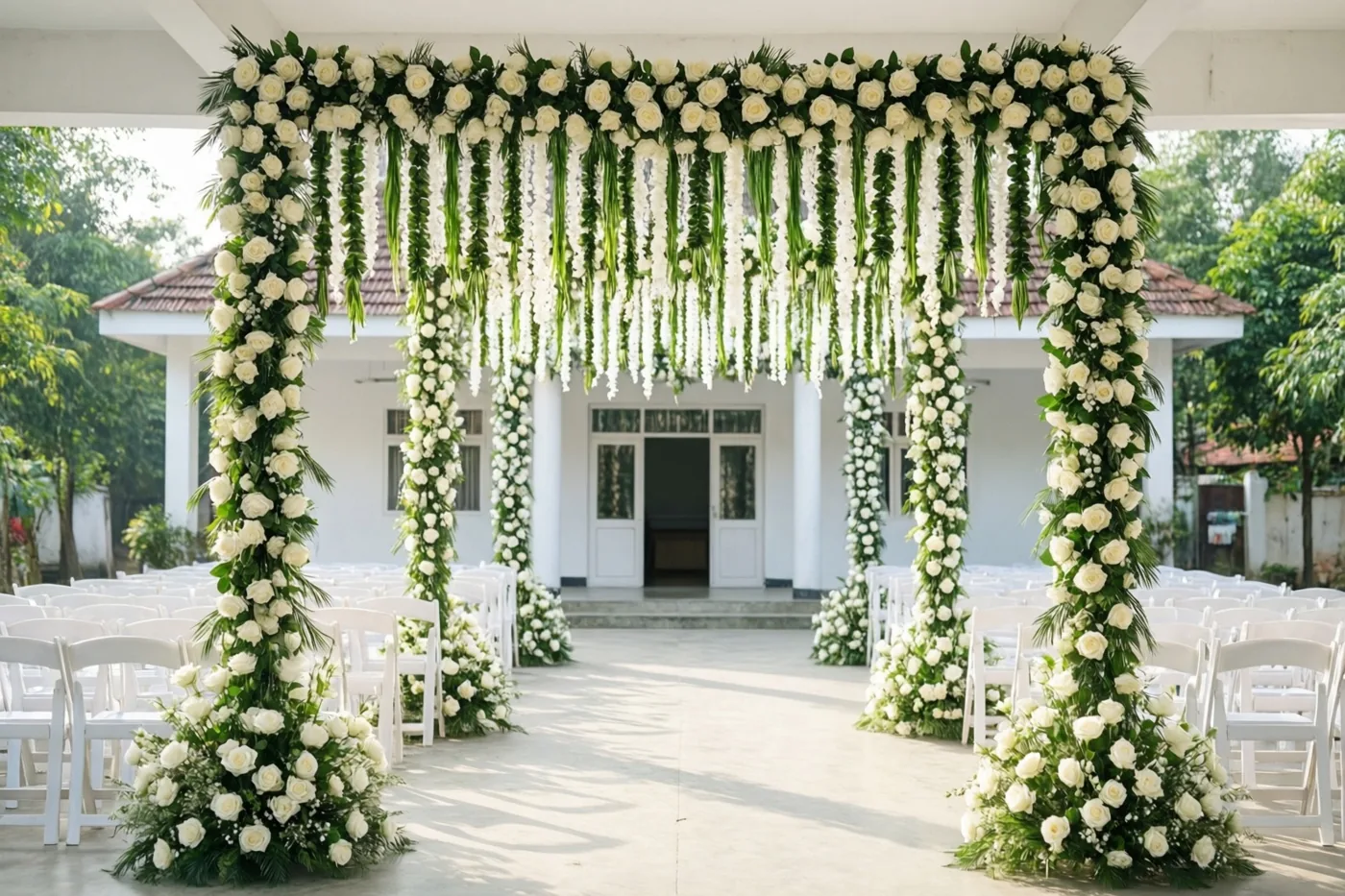 Een grote boog met witte rozen en groen staat aan de ingang van een dorpszaal met rijen witte stoelen, in helder natuurlijk licht.
