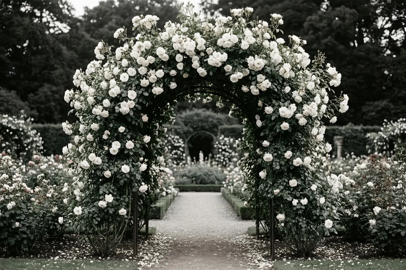 Een tuinboog dichtbegroeid met witte rozen staat boven een grindpad in een strakke tuin met gesnoeide hagen en verspreide bloemblaadjes.