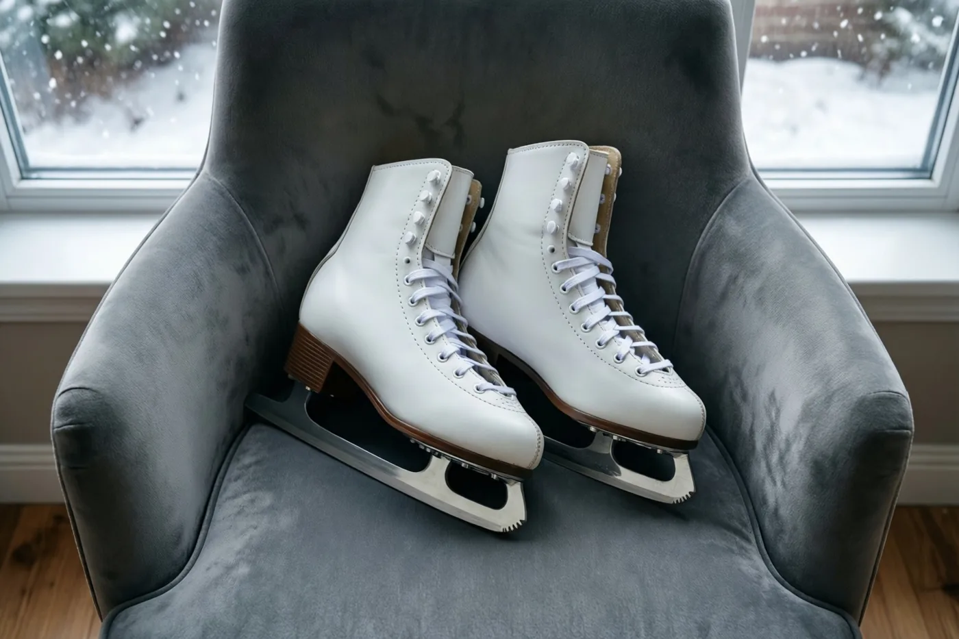 Witte kunstschaatsen liggen op een grijze fluwelen fauteuil, met vallende sneeuw achter het raam.